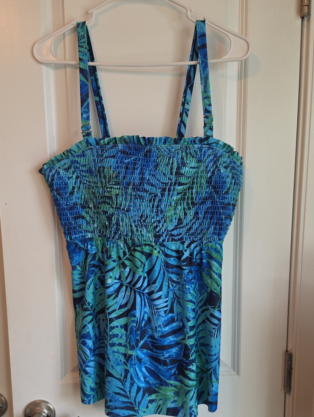 Smocked Blue-Green Tropical Tankini Top